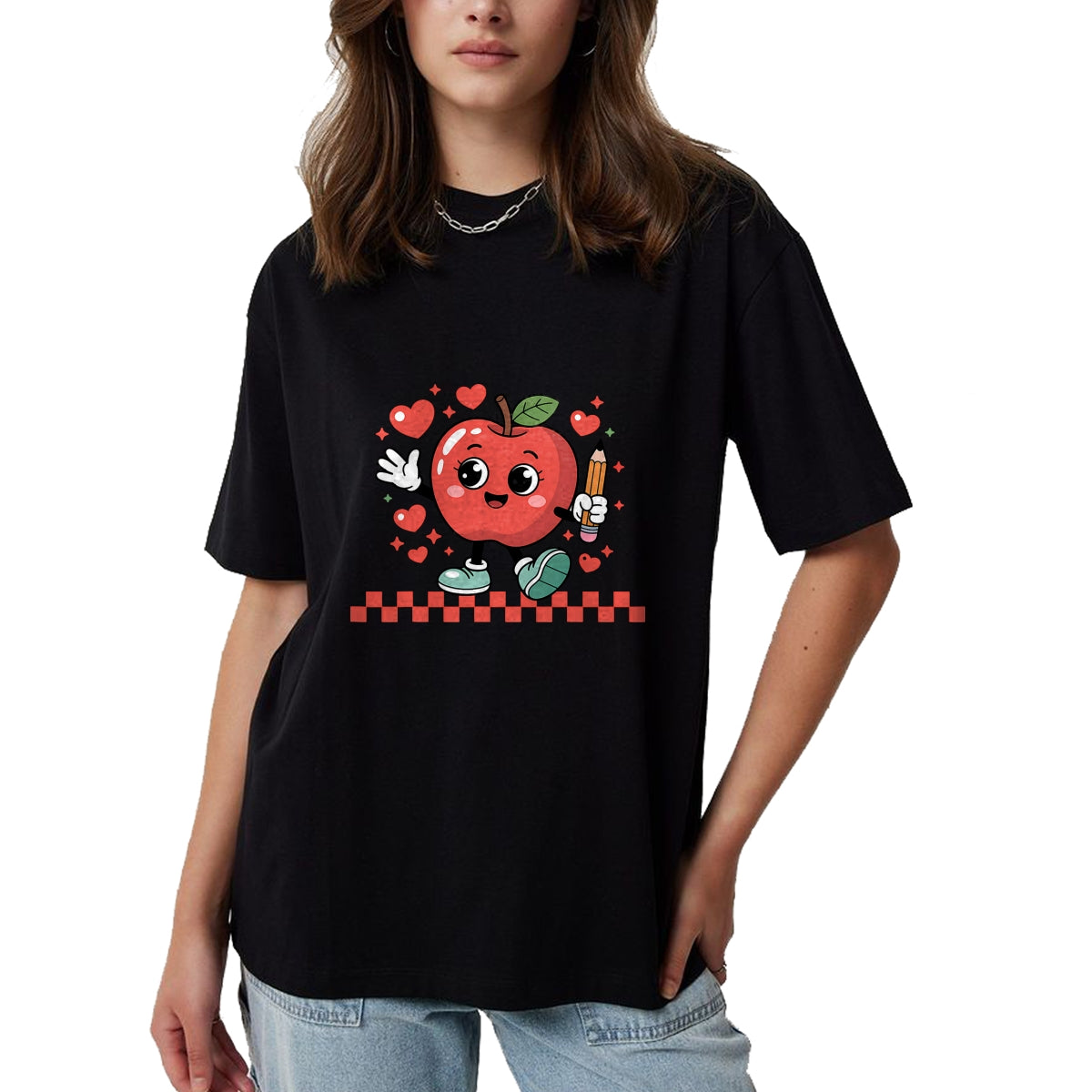 Best Teacher Shirt, Funny Teacher UnisexT-Shirt/Hoodie/Sweatshirt HLT00 - Cute Retro Checkered Apple with Face Teacher Pencil Trendy T-Shirt (2)
