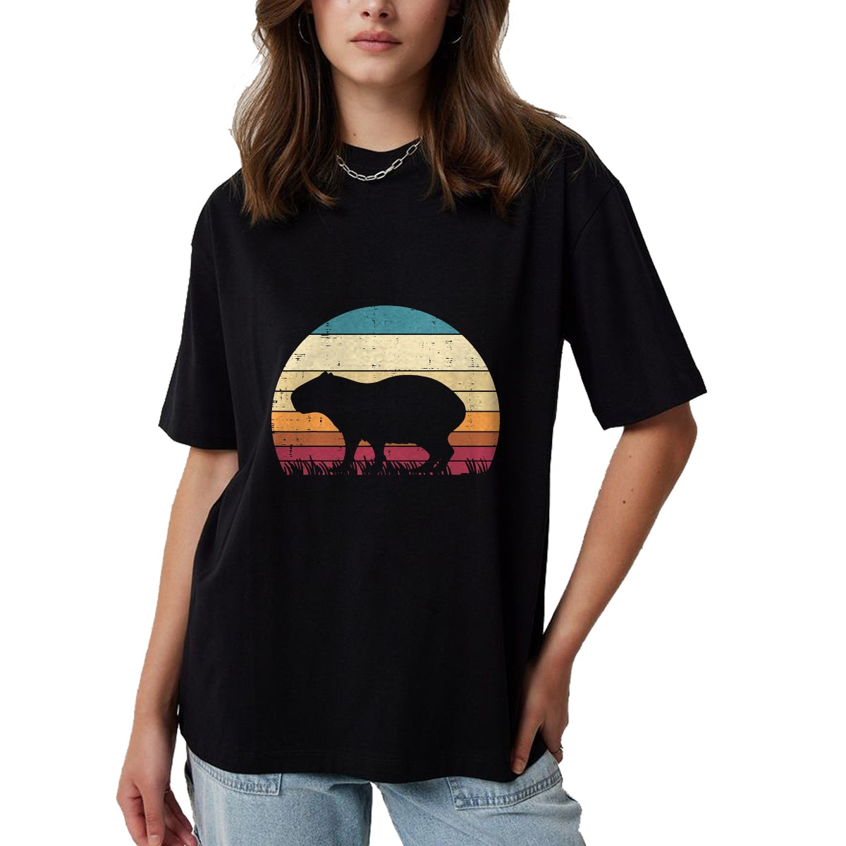Cute Capybara Shirt, Funny Capybara Unisex T-Shirt/Hoodie/Sweatshirt HLT00 - Capybara Silhouette Sunset Retro Capy Rodent Men Women Kids T-Shirt