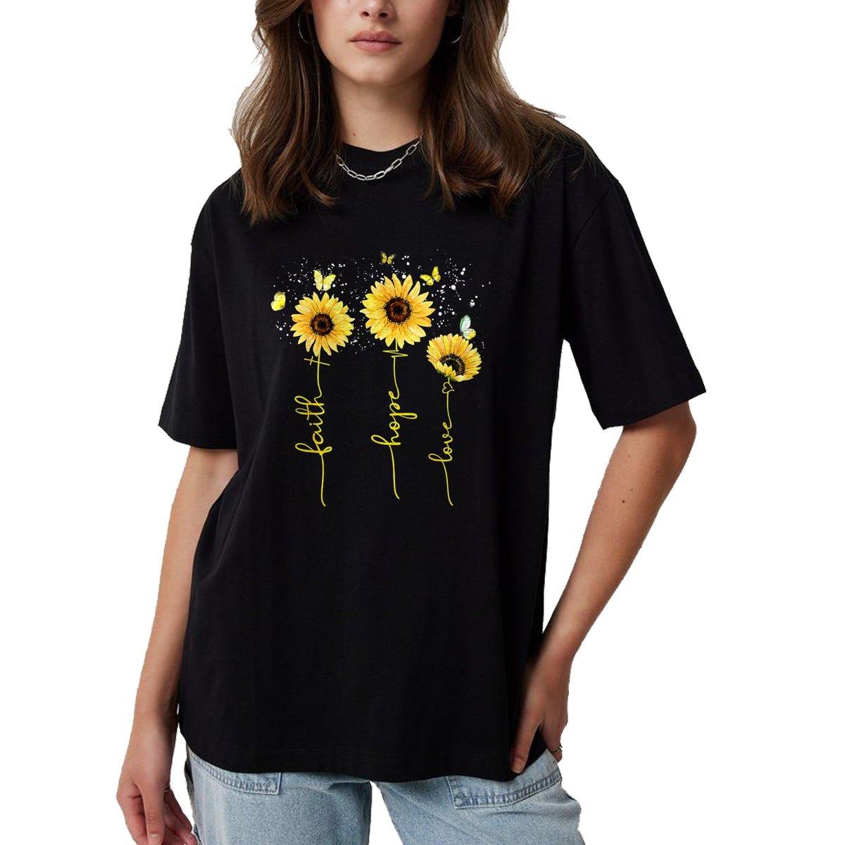 Christian Tee, Christian Faith Unisex T-Shirt/Hoodie/Sweatshirt HLT00 - Christian for Women Sunflower Faith Hope Love T-Shirt