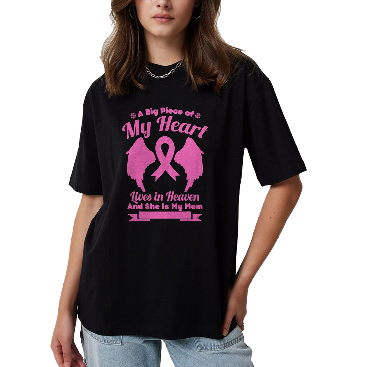 Gift for Mom Shirt, Funny Mom Unisex T-Shirt/Hoodie/Sweatshirt HLT00 - Mom In Heaven Wings Awesome Breast Cancer Awareness Gift T-Shirt