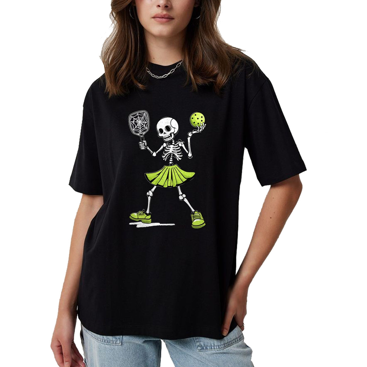 Funny Pickleball Shirt, Pickleball Lover Unisex T-Shirt/Hoodie/Sweatshirt HLT00 - Spooky Pickleball Halloween Skeleton Costume Women T-Shirt