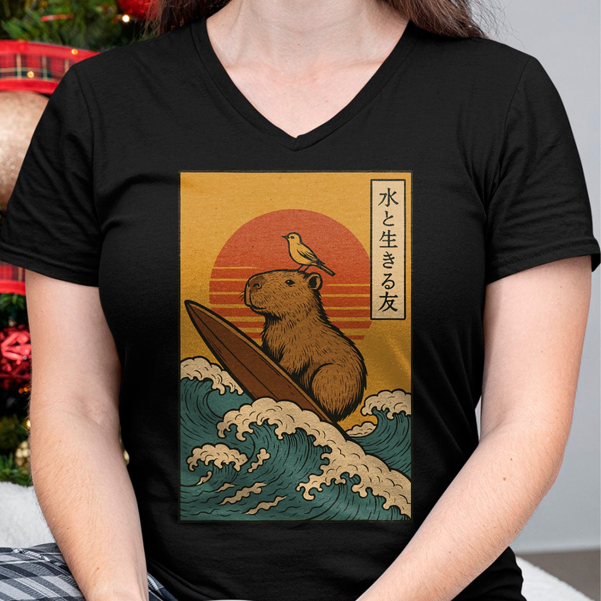 Cute Capybara Shirt, Funny Capybara Unisex T-Shirt/Hoodie/Sweatshirt HLT00 - Capybara Surfing Japanese T-Shirt