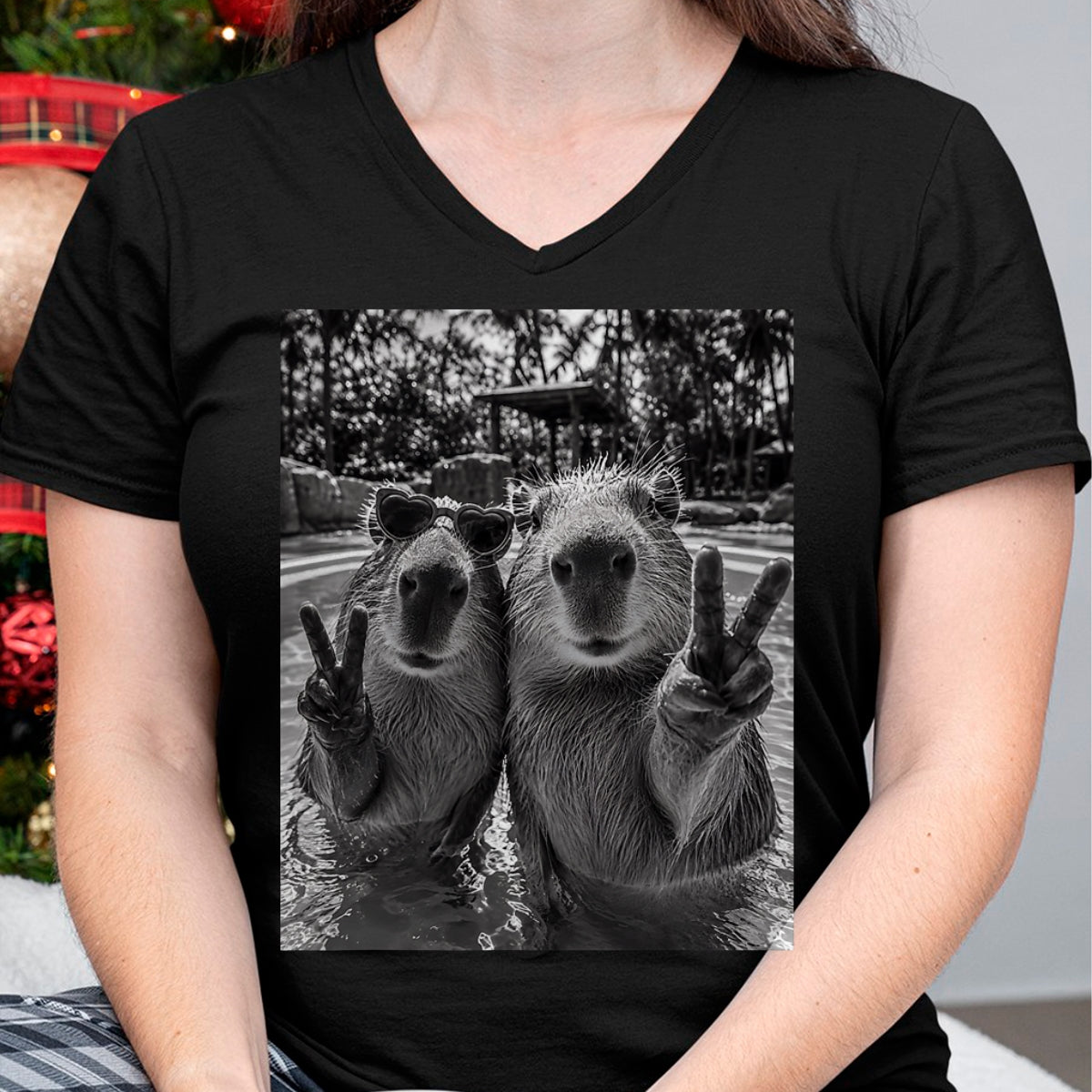 Cute Capybara Shirt, Funny Capybara Unisex T-Shirt/Hoodie/Sweatshirt HLT00 - Funny Capybara Selfie Peace Sign Men Women Cute Animal T-Shirt