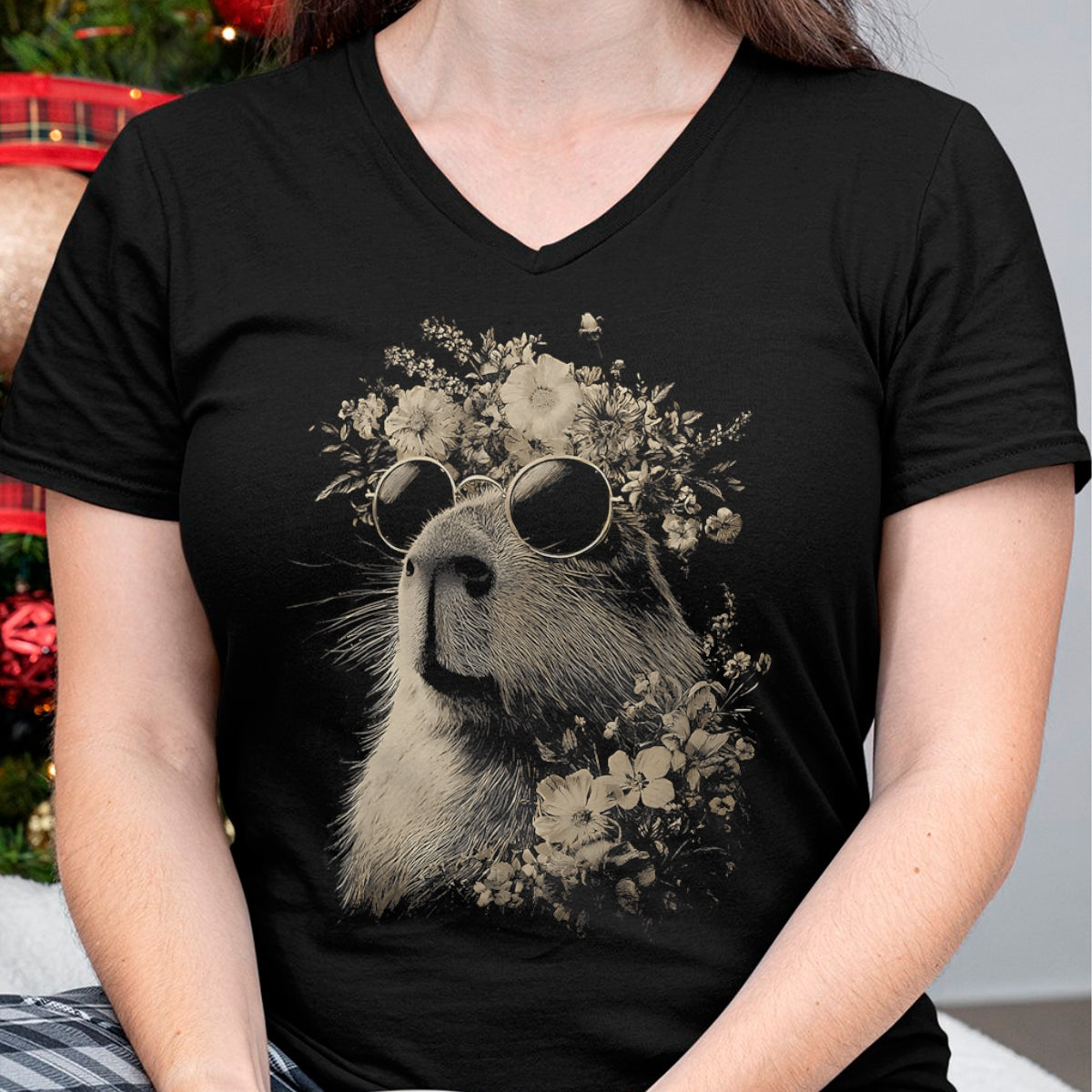 Cute Capybara Shirt, Funny Capybara Unisex T-Shirt/Hoodie/Sweatshirt HLT00 - Vintage Capybara with Sunglasses Floral Crown Boho Animal T-Shirt
