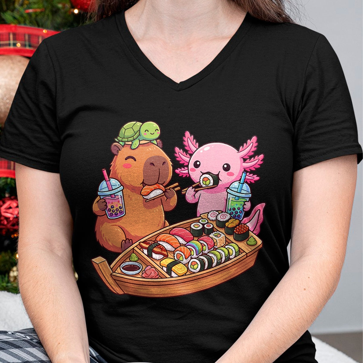 Cute Capybara Shirt, Funny Capybara Unisex T-Shirt/Hoodie/Sweatshirt HLT00 - Kawaii Capybara Axolotl Sushi Nigiri Chopsticks Anime Food T-Shirt
