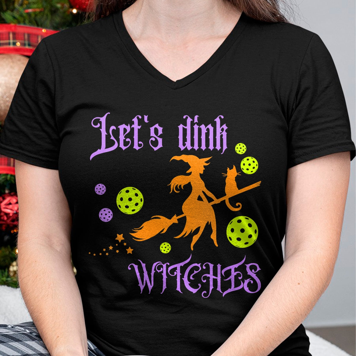 Funny Pickleball Shirt, Pickleball Lover Unisex T-Shirt/Hoodie/Sweatshirt HLT00 - Womens Halloween Pickleball Let's Dink Witches V-Neck T-Shirt