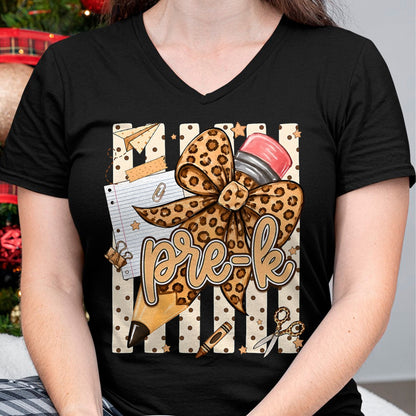 Best Teacher Shirt, Funny Teacher UnisexT-Shirt/Hoodie/Sweatshirt HLT00 - Preppy Leopard Pencil Bow Pre K Teacher Back to School T-Shirt