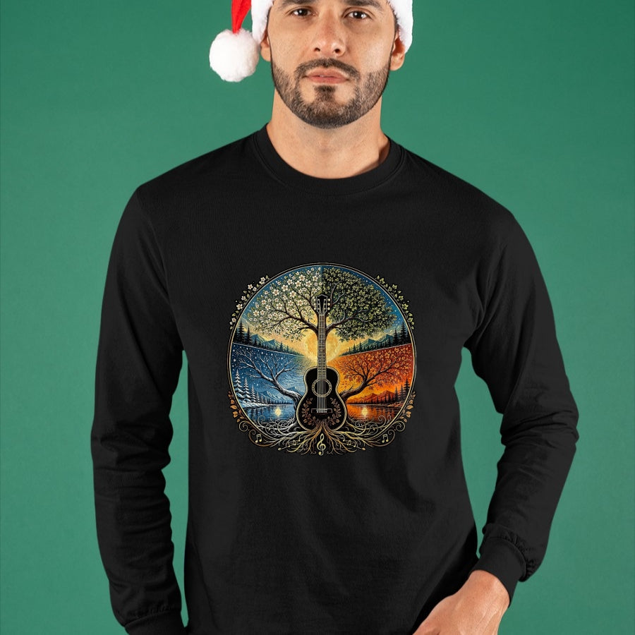 Guitar Lover Shirt, Funny Guitar UnisexT-Shirt/Hoodie/Sweatshirt HLT00 - Acoustic Guitar by the Lake Seasons Nature Music T-Shirt, Men, Black, X-Large