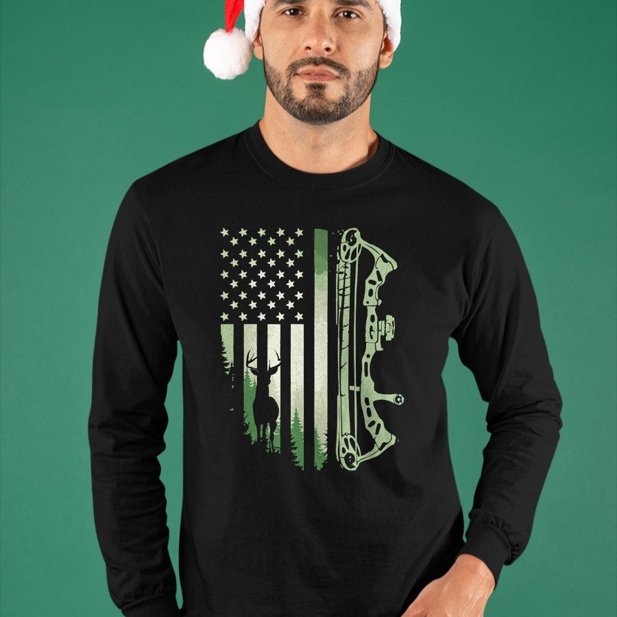 Funny Hunting Shirt, Gift For Hunting Lover Unisex T-Shirt/Hoodie/Sweatshirt HLT00 - Patriotic Bowhunting USA Flag Bow Archery Deer Hunting Wild T-Shirt