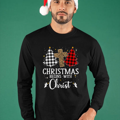 Christian Tee, Christian Faith Unisex T-Shirt/Hoodie/Sweatshirt HLT00 - Christmas Begins With Christ Jesus Cross Christian Christmas T-Shirt