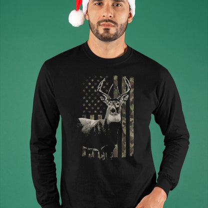 Funny Hunting Shirt, Gift For Hunting Lover Unisex T-Shirt/Hoodie/Sweatshirt HLT00 - Hunting Camo American Flag Deer Camouflage (Design on Back) Long Sleeve T-Shirt