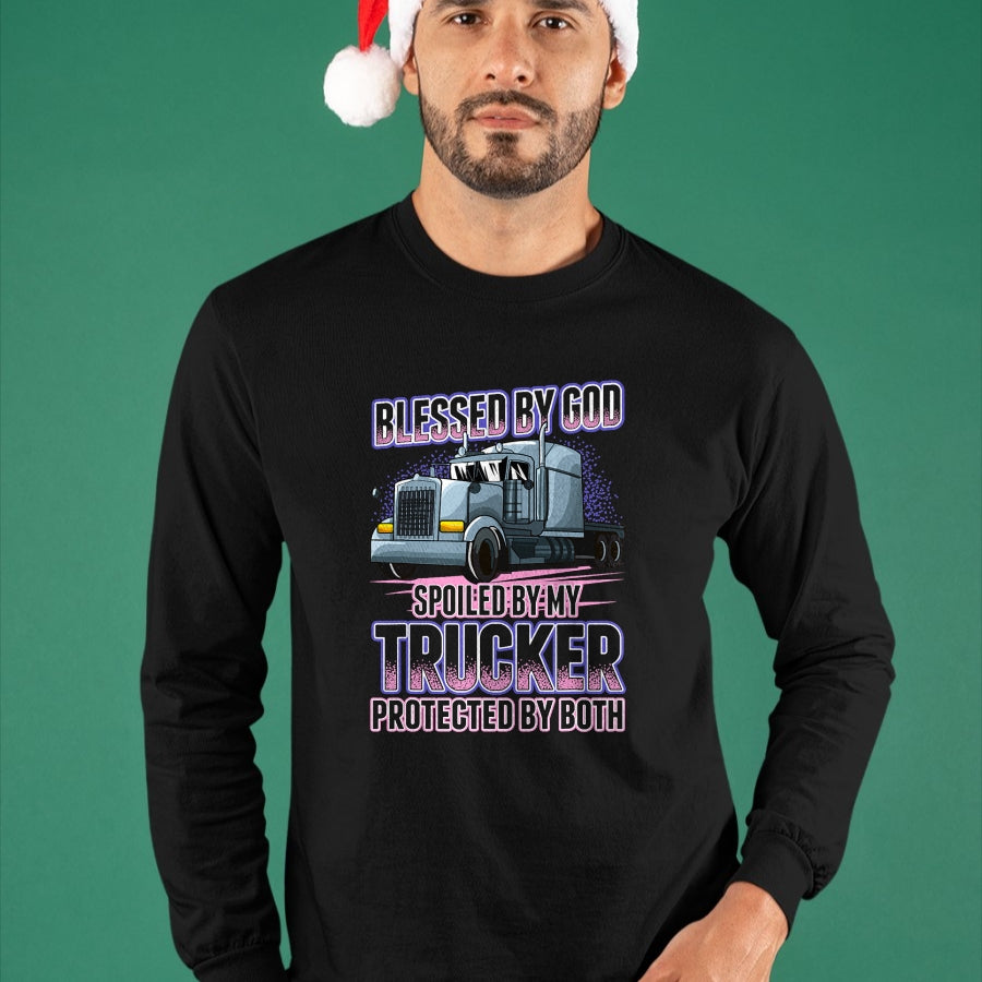 Best Wife Shirt, Wife and Husband Unisex T-Shirt/Hoodie/Sweatshirt HLT00 - Gift for wife T shirt, spoiled wife   Blessed by God Spoiled by my Trucker Funny Trucker Wife T-Shir (1)