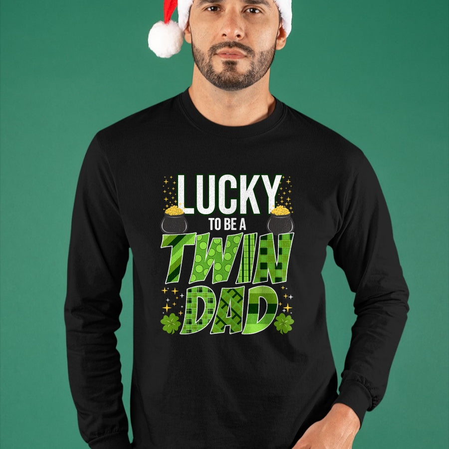 Gift for Dad Shirt, Funny Dad Unisex T-Shirt/Hoodie/Sweatshirt HLT00 – Lucky To Be a Twin Dad St. Patrick_s Day Gender Reveal T-Shirt