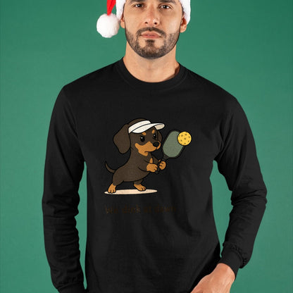 Funny Pickleball Shirt, Pickleball Lover Unisex T-Shirt/Hoodie/Sweatshirt HLT00 - Funny Pickleball Dachshund Pickleball Dog We Dink at Dawn T-Shirt