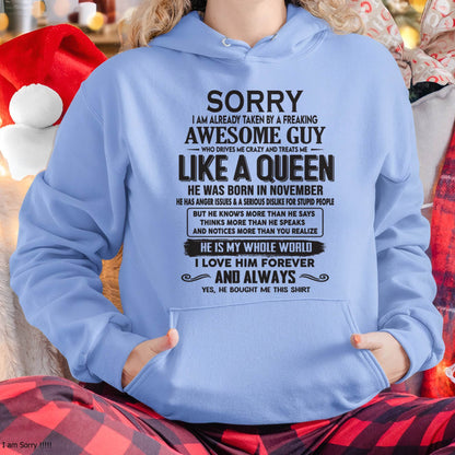 November - Sorry I am already taken by a freaking awesome guy - Gift for Wife From Husband - HNDS11 (SKU08-25-11)