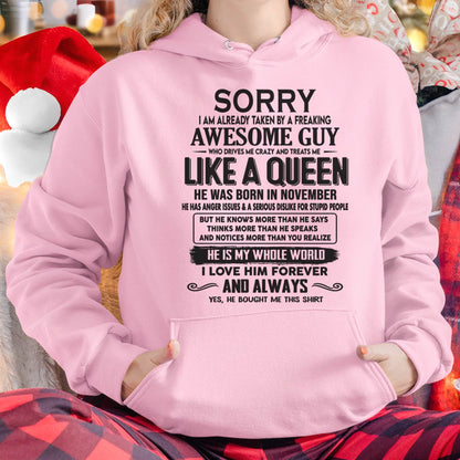 November - Sorry I am already taken by a freaking awesome guy - Gift for Wife From Husband - HNDS11 (SKU08-25-11)