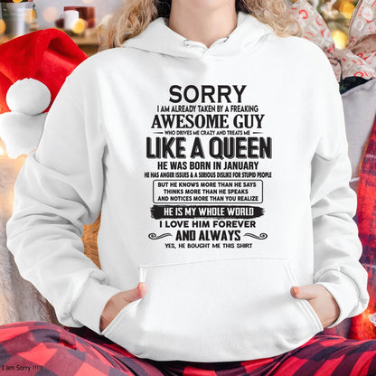 January - Sorry I am already taken by a freaking awesome guy - Gift for Wife From Husband - HNDS01 (SKU08-25-01)