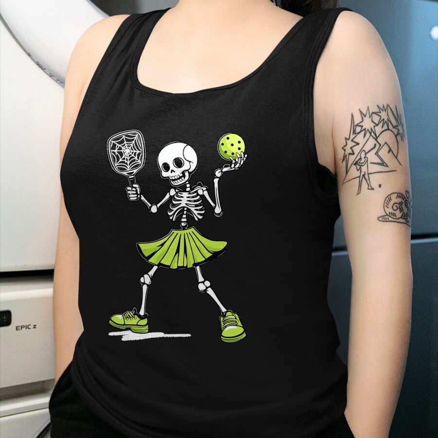 Funny Pickleball Shirt, Pickleball Lover Unisex T-Shirt/Hoodie/Sweatshirt HLT00 - Spooky Pickleball Halloween Skeleton Costume Women T-Shirt