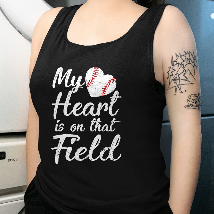 Gift for Mom Shirt, Funny Mom Unisex T-Shirt/Hoodie/Sweatshirt HLT00 - My Heart is on That Field Baseball Softball Mom Gifts T-Shirt