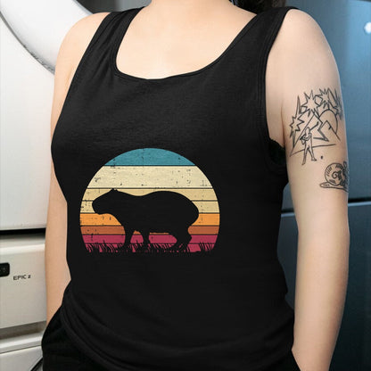 Cute Capybara Shirt, Funny Capybara Unisex T-Shirt/Hoodie/Sweatshirt HLT00 - Capybara Silhouette Sunset Retro Capy Rodent Men Women Kids T-Shirt