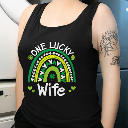 Best Wife Shirt, Wife and Husband Unisex T-Shirt/Hoodie/Sweatshirt HLT00 - Gift for wife T shirt, lucky wife   Womens One Lucky Wife Boho Rainbow St Patricks Day Shamrock V-Ne