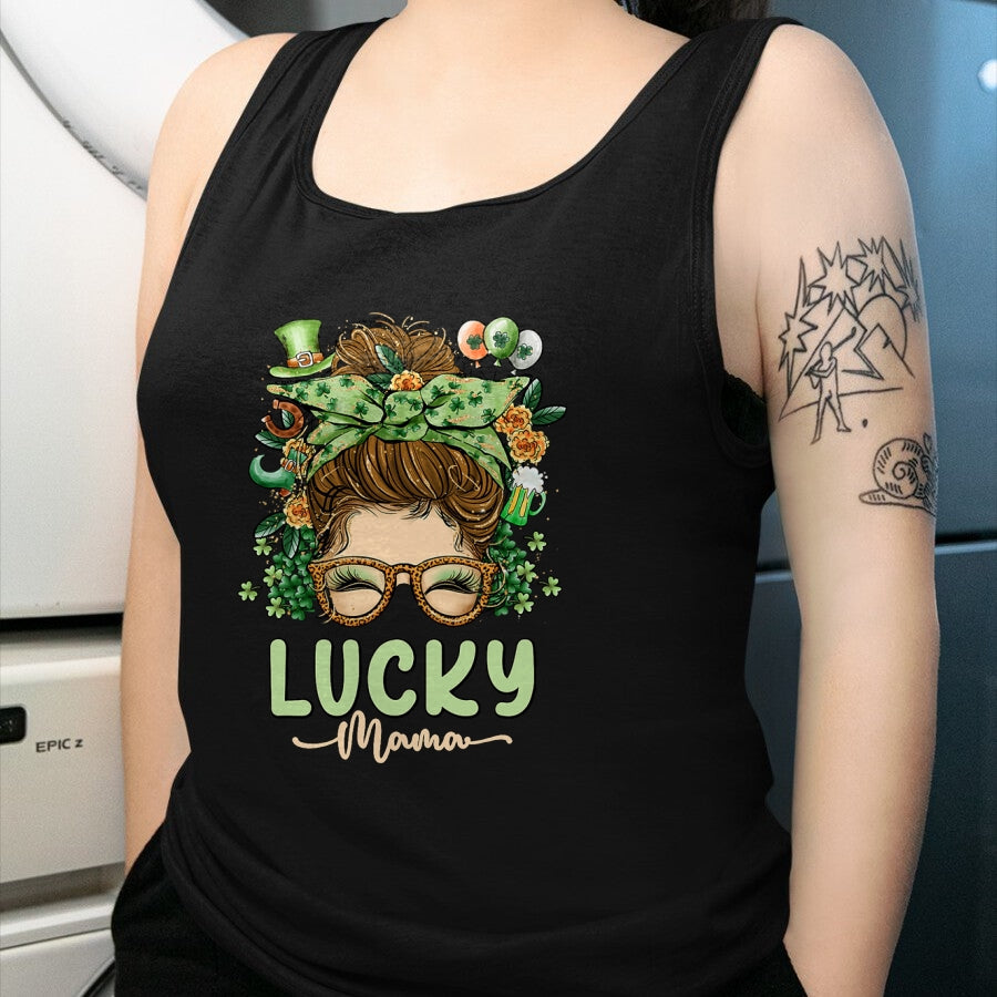 Gift for Mom Shirt, Funny Mom Unisex T-Shirt/Hoodie/Sweatshirt HLT00 - Lucky Mama St Patricks & Mothers Day Mom Messy Bun Irish T-Shirt