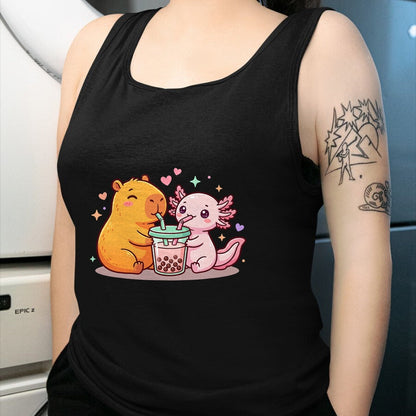 Cute Capybara Shirt, Funny Capybara Unisex T-Shirt/Hoodie/Sweatshirt HLT00 - Cute Capybara and Axolotl Bubble Tea Boba Girls Kawaii T-Shirt