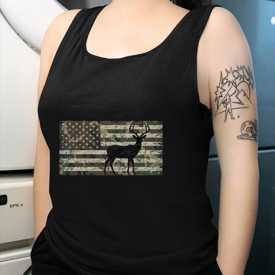 Funny Hunting Shirt, Gift For Hunting Lover Unisex T-Shirt/Hoodie/Sweatshirt HLT00 - Deer Hunting Camo American Flag Buck Standing Hunter Country T-Shirt