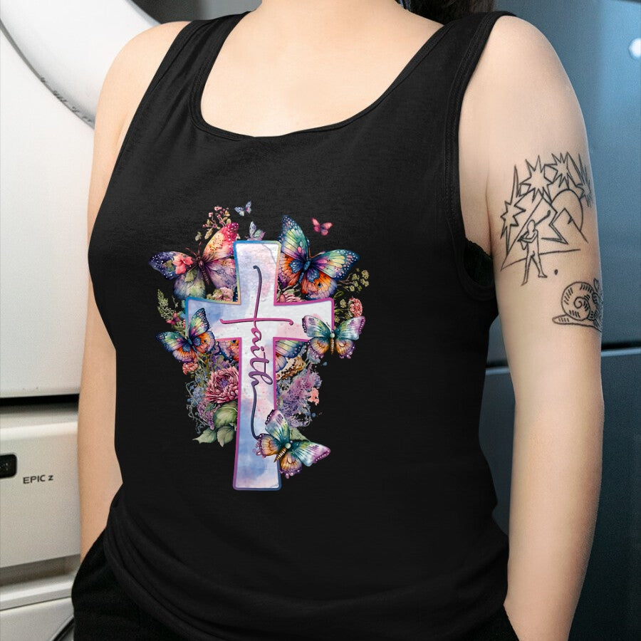 Christian Tee, Christian Faith Unisex T-Shirt/Hoodie/Sweatshirt HLT00 - Faith-Cross Floral Butterflies Christ Flowers Religious T-Shirt