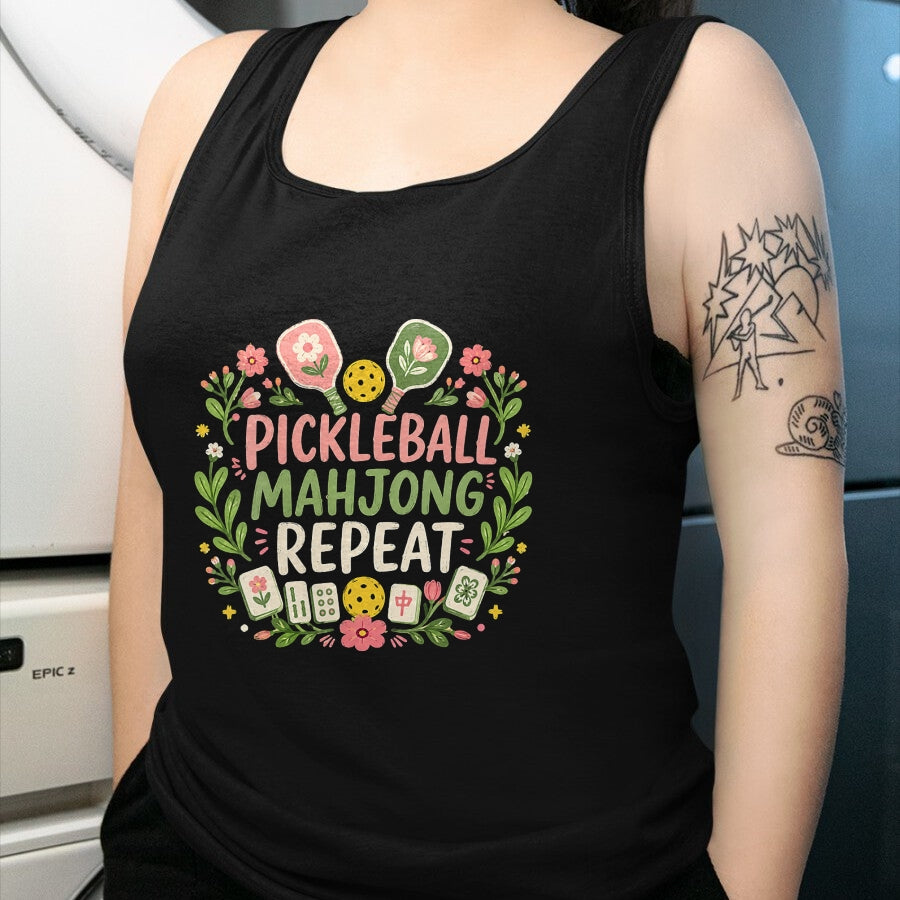 Funny Pickleball Shirt, Pickleball Lover Unisex T-Shirt/Hoodie/Sweatshirt HLT00 - Women's Pickleball Mahjong Repeat Funny Game Lover Men Women V-Neck T-Shirt