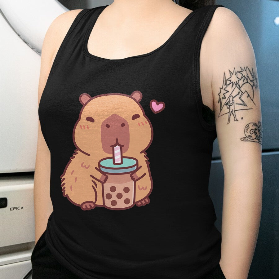 Cute Capybara Shirt, Funny Capybara Unisex T-Shirt/Hoodie/Sweatshirt HLT00 - Cute Capybara Kawaii Anime Drinking Bubble Tea Lover Girls T-Shirt