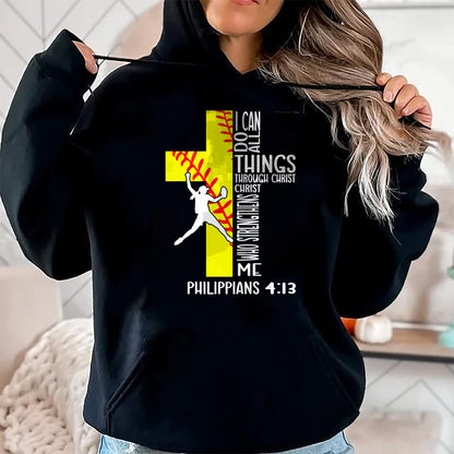 Christian Tee, Christian Faith Unisex T-Shirt/Hoodie/Sweatshirt HLT00 - I Can Do All Things Through Christ Softball Christian Bible T-Shirt
