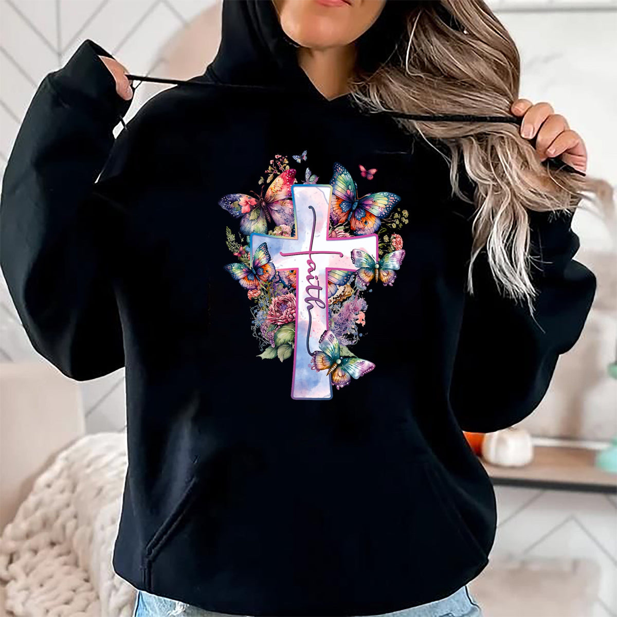 Christian Tee, Christian Faith Unisex T-Shirt/Hoodie/Sweatshirt HLT00 - Faith-Cross Floral Butterflies Christ Flowers Religious T-Shirt