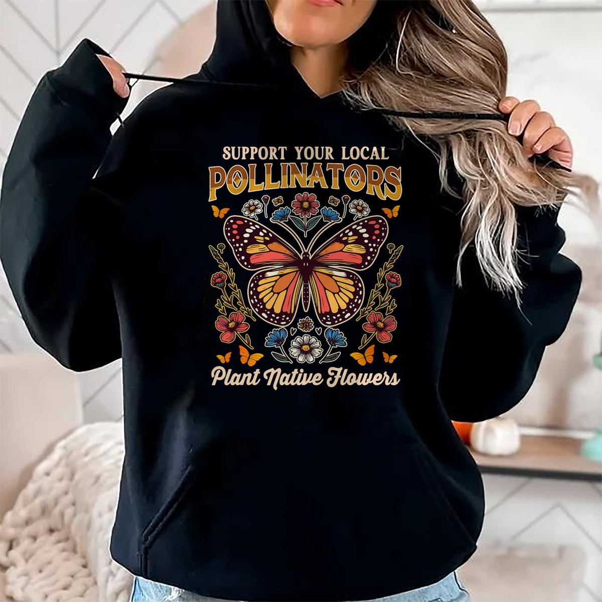 Native American T-Shirts, Vintage Native American Unisex T-Shirt/Hoodie/Sweatshirt HLT00 - Butterfly Support Local Pollinators Plants Native Flowers