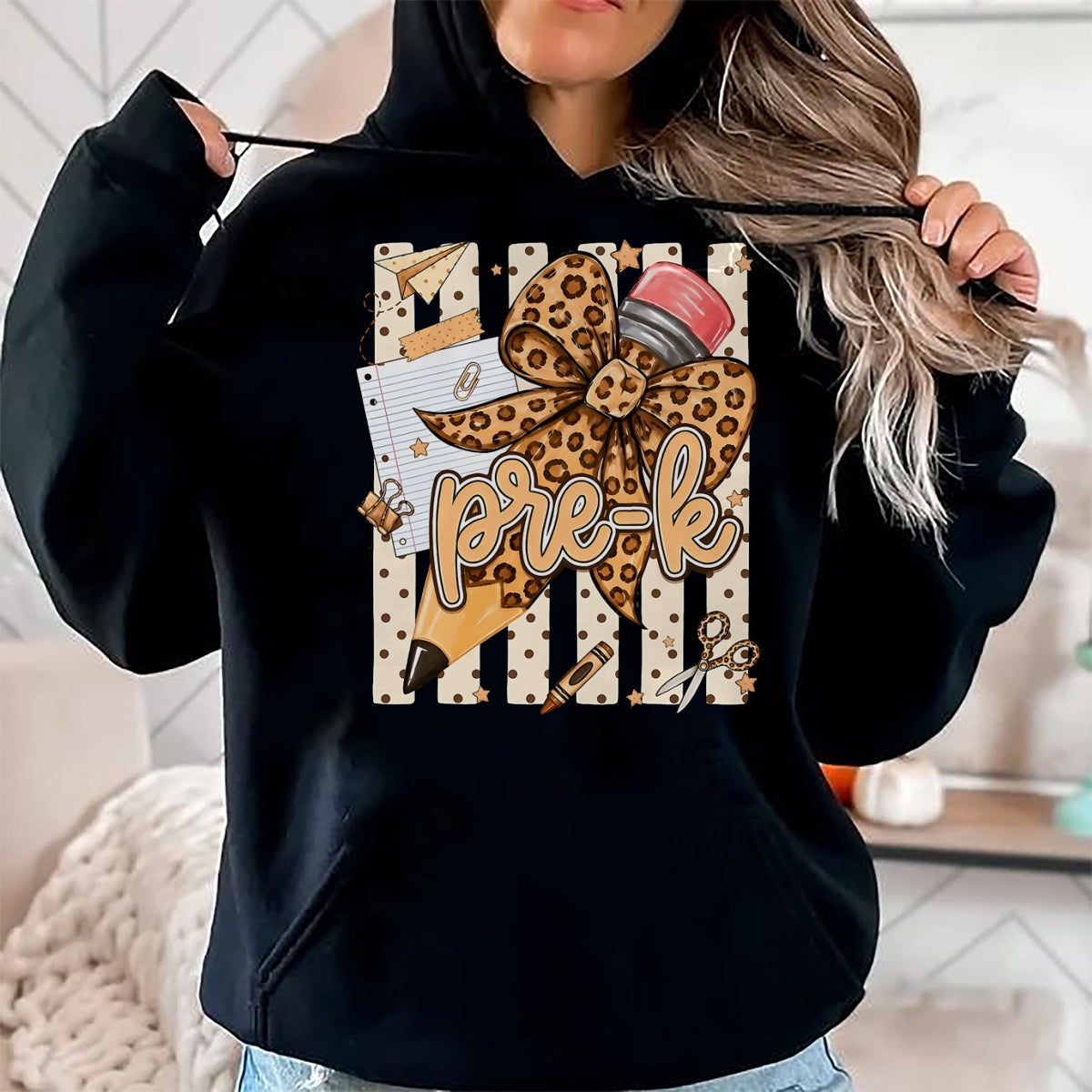Best Teacher Shirt, Funny Teacher UnisexT-Shirt/Hoodie/Sweatshirt HLT00 - Preppy Leopard Pencil Bow Pre K Teacher Back to School T-Shirt