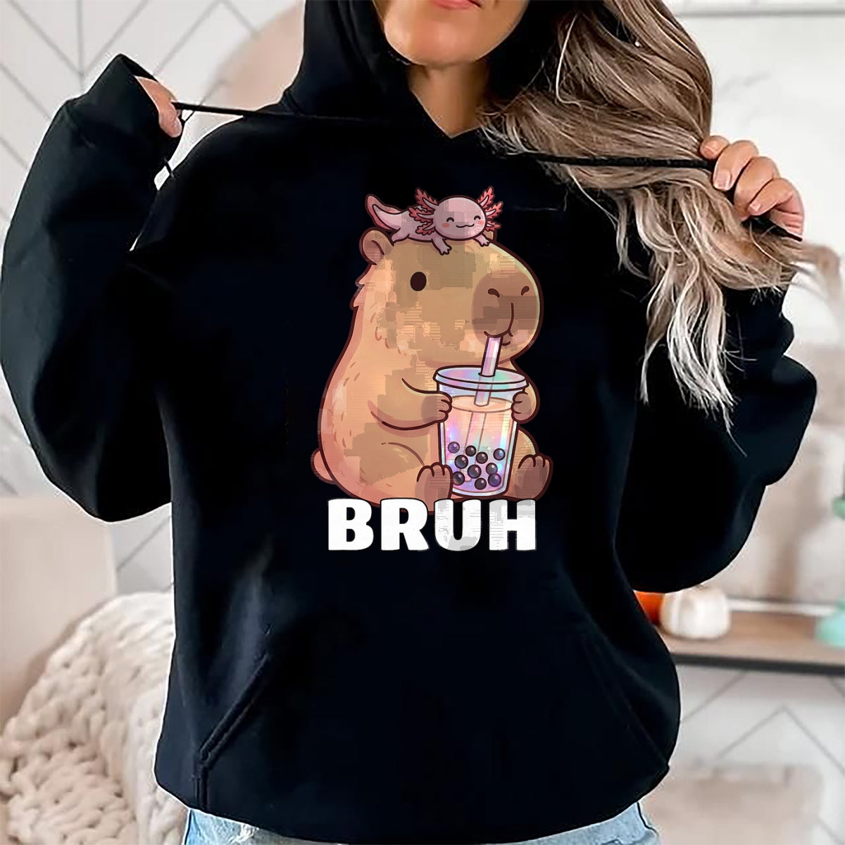 Cute Capybara Shirt, Funny Capybara Unisex T-Shirt/Hoodie/Sweatshirt HLT00 - Cute Bruh Capybara Drinking Bubble Tea Axolotl Funny Kawaii T-Shirt