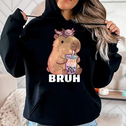 Cute Capybara Shirt, Funny Capybara Unisex T-Shirt/Hoodie/Sweatshirt HLT00 - Cute Bruh Capybara Drinking Bubble Tea Axolotl Funny Kawaii T-Shirt