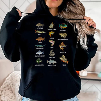 Funny Fishing Shirt, Gift For Fishing Lover Unisex T-Shirt/Hoodie/Sweatshirt HLT00 - Types of Freshwater Fish Species Fishing Fisherman Anglers T-Shirt