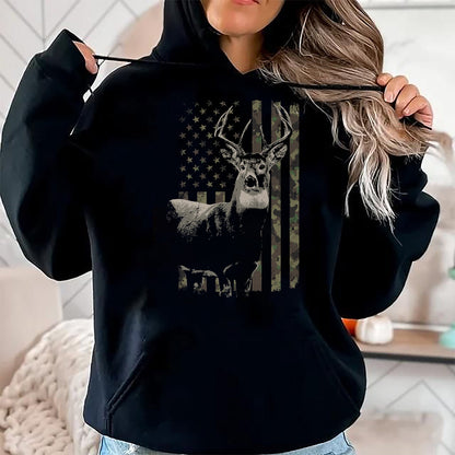 Funny Hunting Shirt, Gift For Hunting Lover Unisex T-Shirt/Hoodie/Sweatshirt HLT00 - Hunting Camo American Flag Deer Camouflage (Design on Back) Long Sleeve T-Shirt