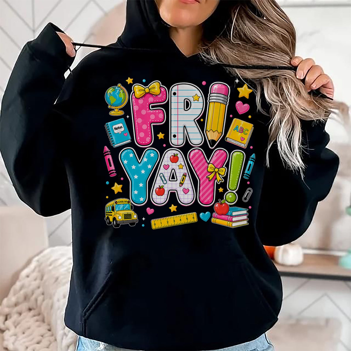 Best Teacher Shirt, Funny Teacher UnisexT-Shirt/Hoodie/Sweatshirt HLT00 - Happy Fri-Yay Friday Coquette Bow Teacher Back to School T-Shirt
