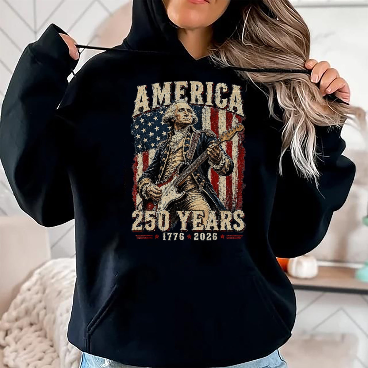 Guitar Lover Shirt, Funny Guitar UnisexT-Shirt/Hoodie/Sweatshirt HLT00 - Vintage George Washington Playing Guitar 250 Years America T-Shirt, Men, Black, 3X-Large