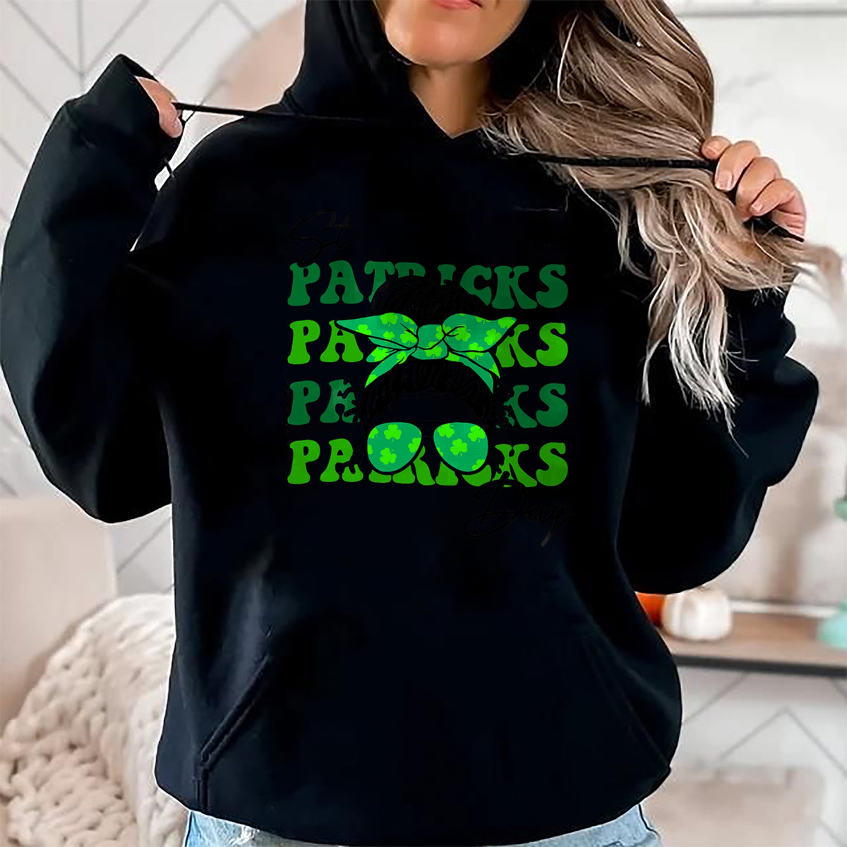 Patrick Day Shirts for Family, Funny Patrick Day shirts, st patrick's day Unisex T-Shirt/Hoodie/Sweatshirt HLT00 - Happy St Patrick Day Funny Messy Bun Glasses Women T-Shirt