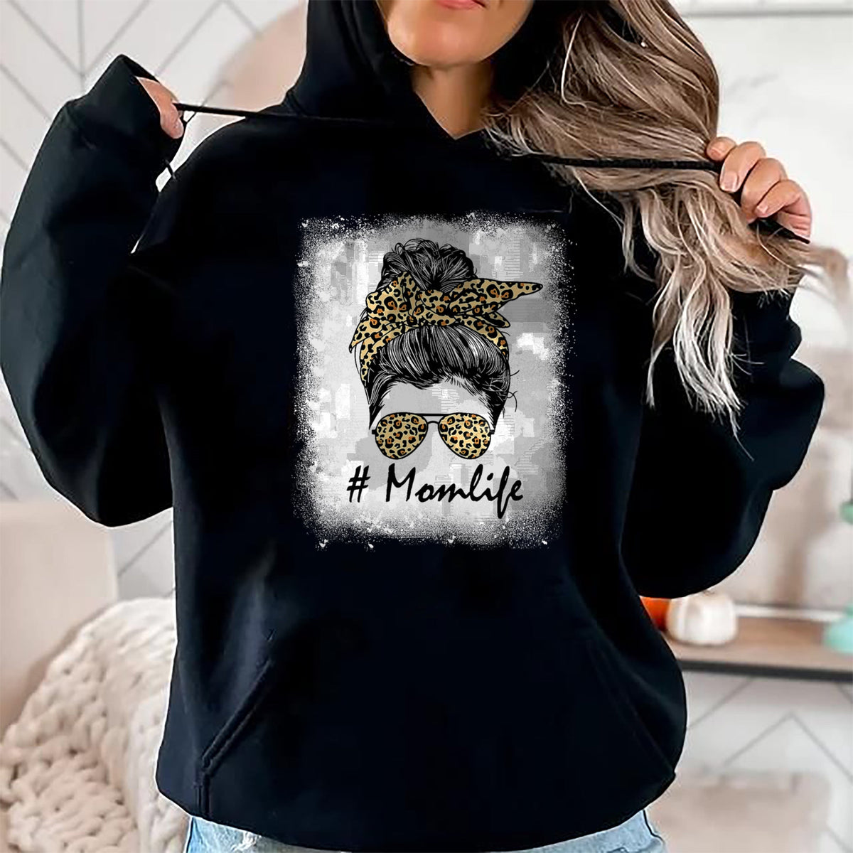 Gift for Mom Shirt, Funny Mom Unisex T-Shirt/Hoodie/Sweatshirt HLT00 - Mom Life Bleached Shirt Mom Life Leopard Messy Bun T-Shirt