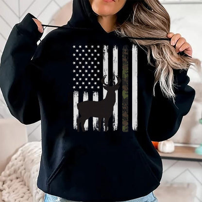 Funny Hunting Shirt, Gift For Hunting Lover Unisex T-Shirt/Hoodie/Sweatshirt HLT00 - Whitetail Deer Hunting Hunter Buck Camo American Flag USA T-Shirt