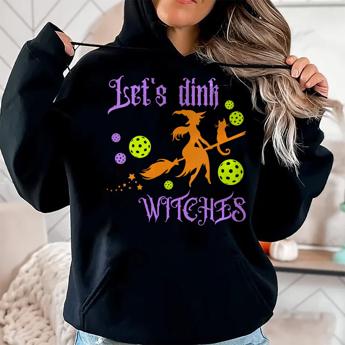 Funny Pickleball Shirt, Pickleball Lover Unisex T-Shirt/Hoodie/Sweatshirt HLT00 - Womens Halloween Pickleball Let's Dink Witches V-Neck T-Shirt