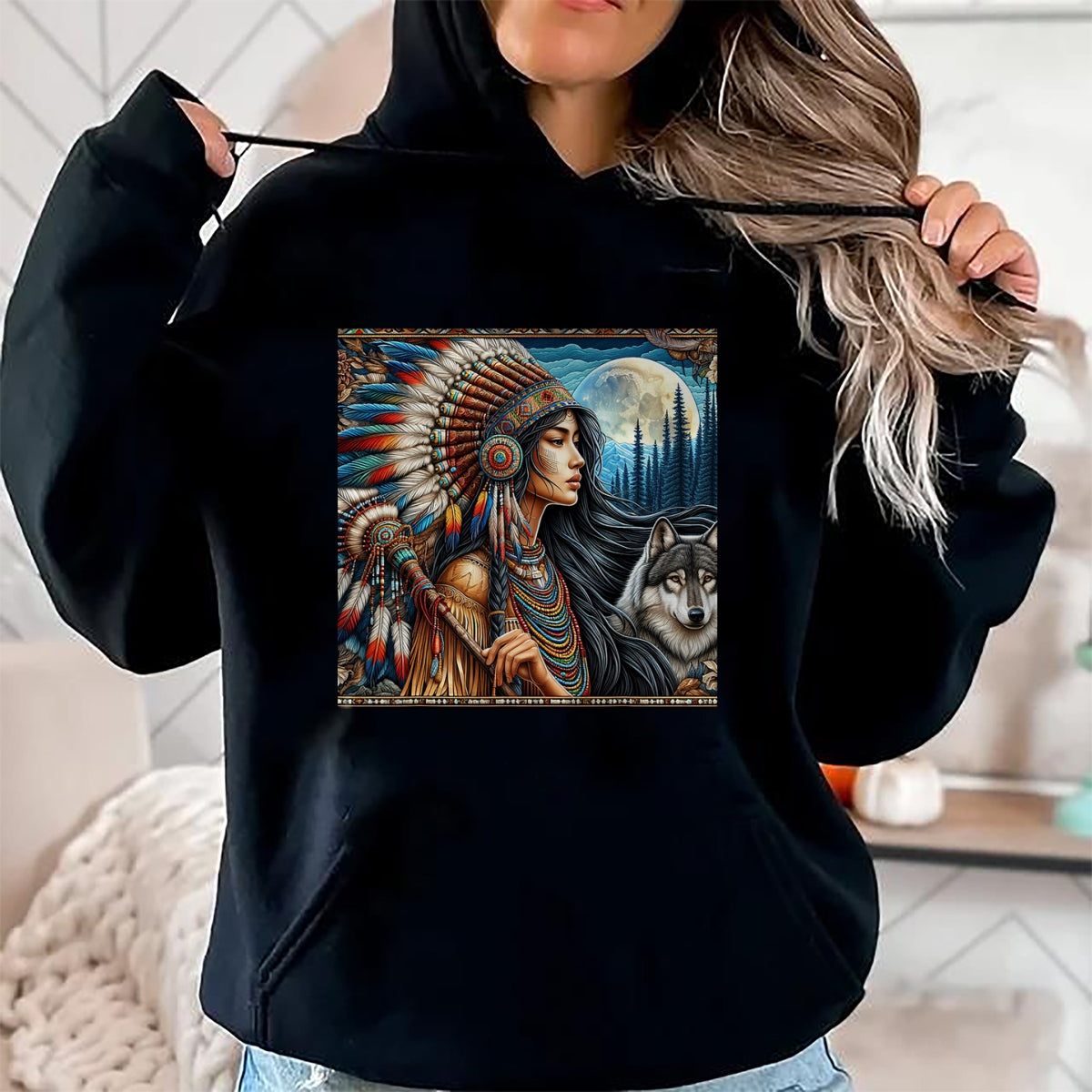 Native American T-Shirts, Vintage Native American Unisex T-Shirt/Hoodie/Sweatshirt HLT00 - indian native american woman with white wolf vintage gifts T-Shirt (1)