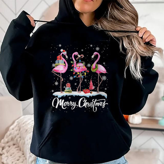 Merry Christmas Hat Santa Flamingo Light Christmas HNDS T-Shirt - Christmas Unisex T-Shirt/Hoodie/Sweatshirt - HNDS00