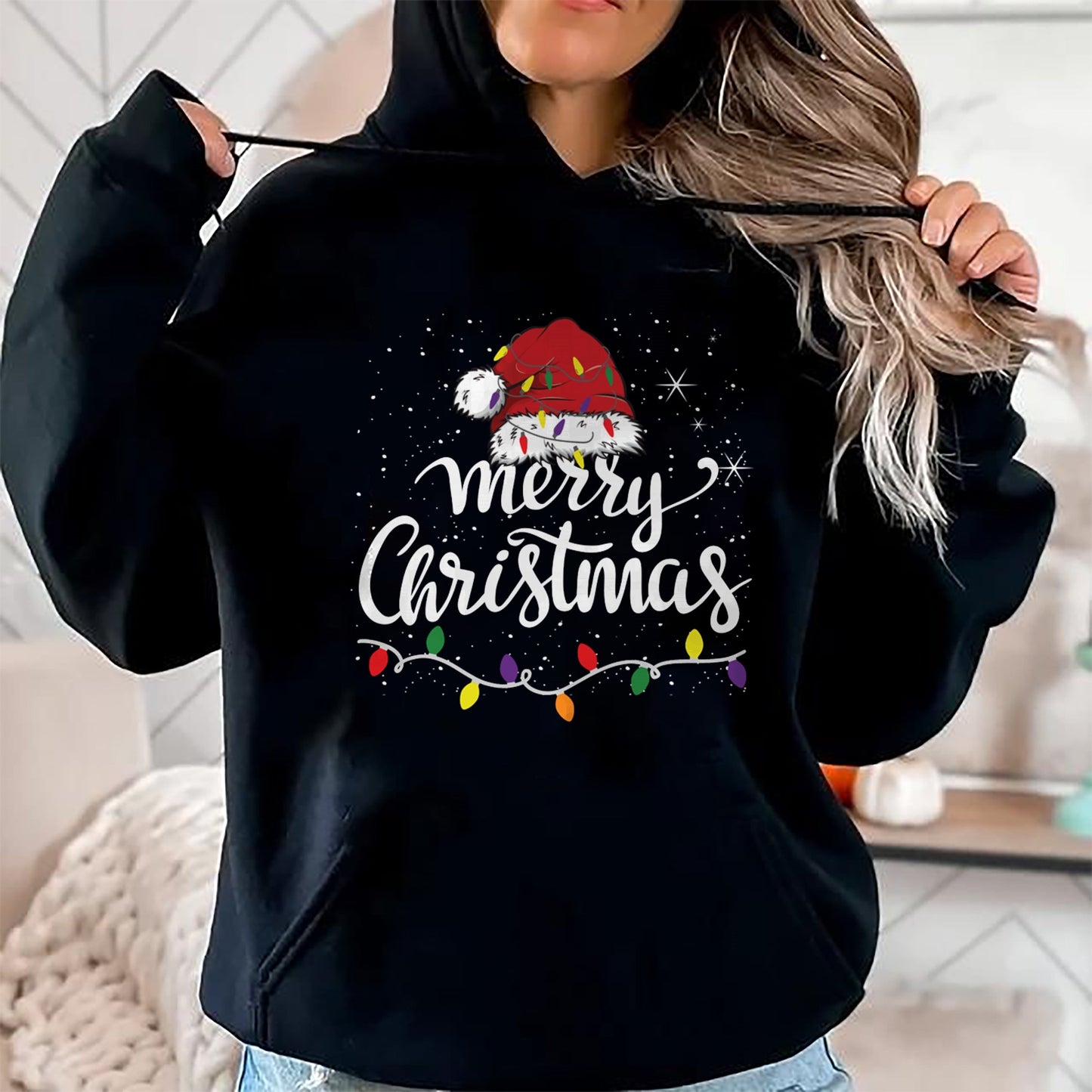 Merry Christmas Lights Red Santa Hat Xmas Family Men Women Pullover - Christmas Unisex T-Shirt/Hoodie/Sweatshirt - HNDS00