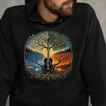 Guitar Lover Shirt, Funny Guitar UnisexT-Shirt/Hoodie/Sweatshirt HLT00 - Acoustic Guitar by the Lake Seasons Nature Music T-Shirt, Men, Black, X-Large