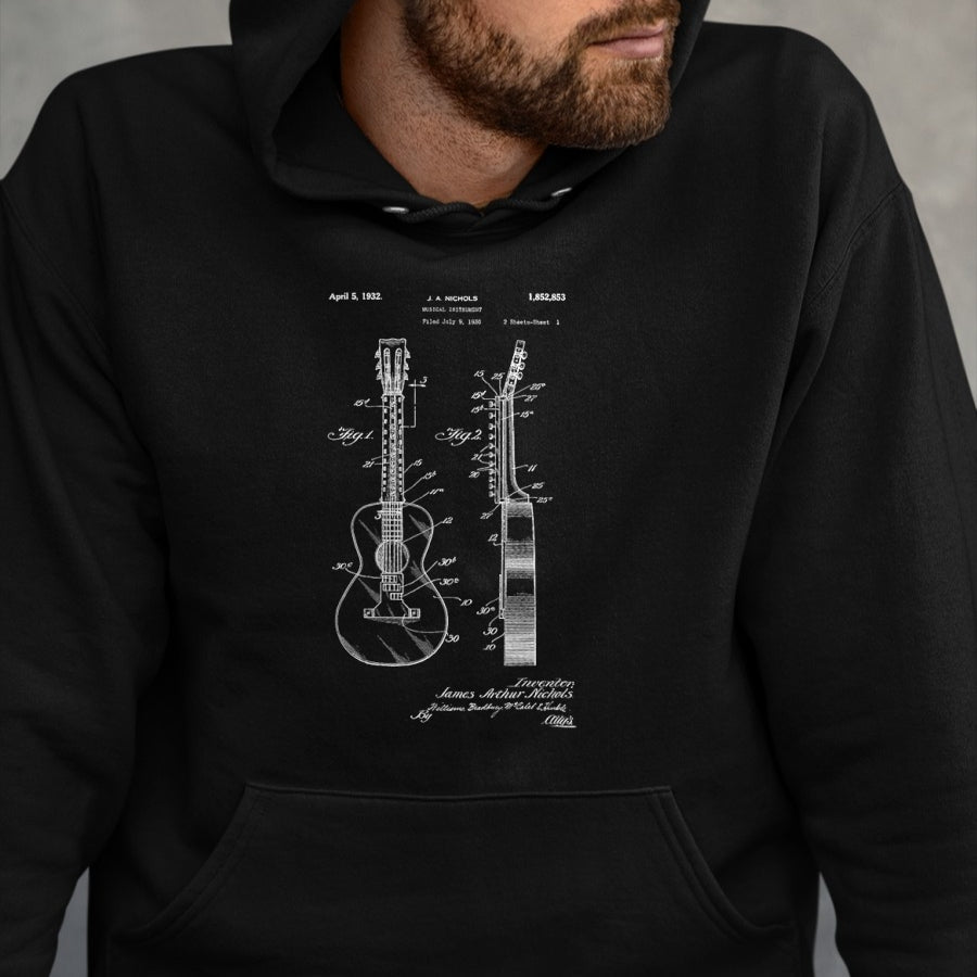 Guitar Lover Shirt, Funny Guitar UnisexT-Shirt/Hoodie/Sweatshirt HLT00 - Acoustic Guitar Vintage Patent Print 1932 T-Shirt - Black, Unisex-Adults, Small, Long Sleeve (1)